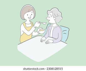 Nursing home, support help care, hospital, recuperation, rehabilitation concept happy old woman holding hands with nurse together, doctors in clinic care, help and support patients simple flat vector