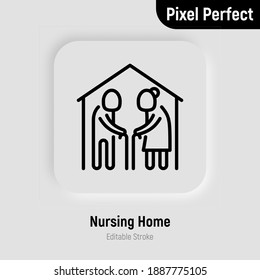 Nursing home thin line icon. Elderly people in house. Geriatric medicine. Pixel perfect, editable stroke. Vector illustration.