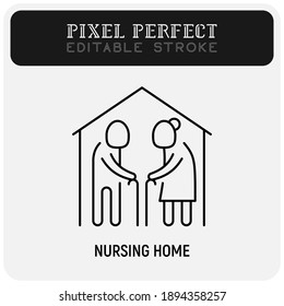 Nursing home thin line icon. Elderly people in house. Geriatric medicine. Pixel perfect, editable stroke. Vector illustration.