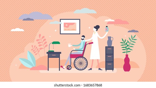 Nursing home vector illustration. Elderly support home lifestyle tiny persons concept. Senior patient help and assistance center for disabled retirement pensioners. Professional social aid occupation.