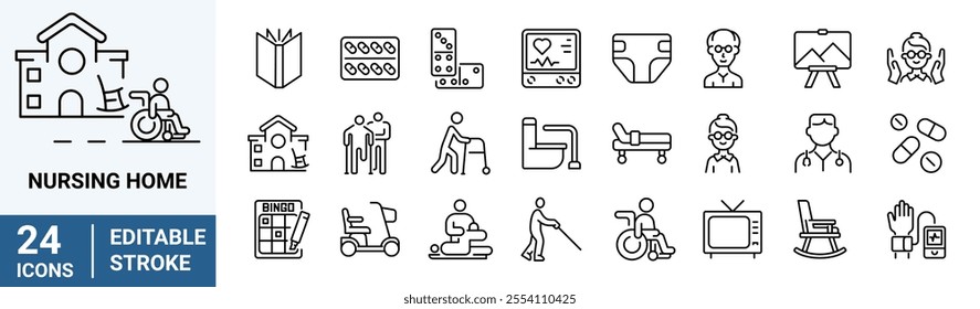 Nursing Home web line icon. Elderly Care, Senior Living, Nursing Staff, Arthritis Care, Quality of Life, Geriatric Care, Medical Assistance, Senior Housing.