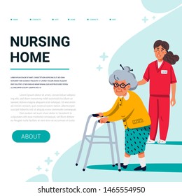 Nursing home web template. Old woman with walker, and young nurse. Template with header and copy space. Flat style vector illustration.