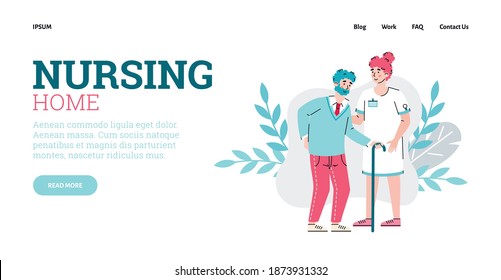 Plantilla de página web de enfermería en casa con personajes de caricatura de enfermero o médico y persona de mayor edad, ilustración de dibujos animados de vector plano. Enfermería y cuidado de ancianos.