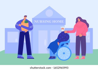 Nursing home. A woman caring for an elderly disabled person. A man helps bring groceries. Vector illustration