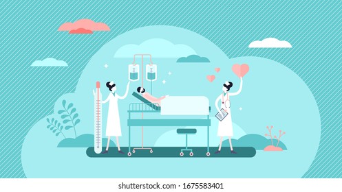 Nursing hospital stuff concept, flat tiny persons vector illustration. Clinical help and assistance for global COVID-19 Corona virus pandemic victims. Emergency room work professional aid service.