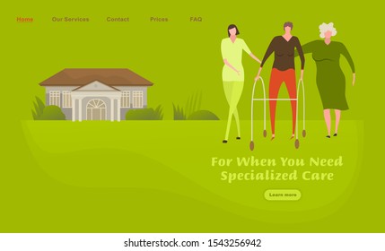 Nursing House Landing Page. Skilled Nurse Residential Healthcare, Physical Therapy Service. Social Support And Community Care. Medicine, Healthy Lifestyle Concept. Editable Cartoon Vector Illustration