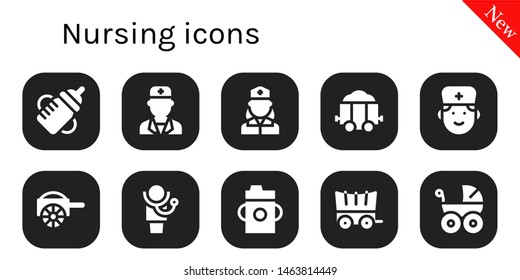 nursing icon set. 10 filled nursing icons.  Simple modern icons about  - Feeding bottle, Doctor, Nurse, Carriage, Baby carriage