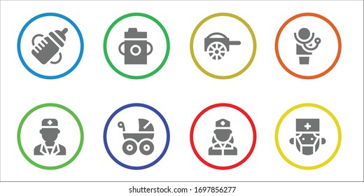 nursing icon set. 8 filled nursing icons.  Simple modern icons such as: Feeding bottle, Doctor, Baby carriage, Carriage, Nurse, Surgeon