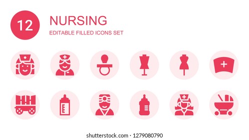 nursing icon set. Collection of 12 filled nursing icons included Nurse, Pacifier, Dummy, Carriage, Feeding bottle, Doctor, Baby bottle, Baby carriage