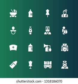 nursing icon set. Collection of 16 filled nursing icons included Nurse, Carriage, Dummy, Baby bottle, Breast pump, Feeding bottle, Doctor, Pacifier, Baby carriage
