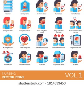 Nursing icons including hospital, home, in-home nurse, caregiver, mask, service, 24h care, vetted professionals, trained, registered, travel, practitioner, ICU, surgical, ER.