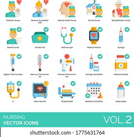 Nursing Icons Including Pediatric Nurse, Delivery, Mid-wife, Mental Health, School, Rehabilitation, Dentist, Stethoscope, Medical Watch, Syringe, Digital Thermometer, Mercury, Infrared, IV, Hospital.