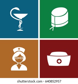 Nursing icons set. set of 4 nursing filled icons such as nurse hat, nurse