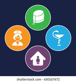 Nursing icons set. set of 4 nursing filled icons such as man in home, nurse hat, nurse