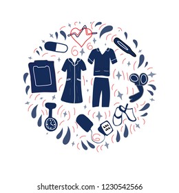 Nursing kit in round shape on white background. Template for card, print; poster, banner. Vector illustration in flat style. Hand drawn elements.
