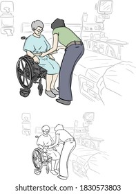 Nursing lady cares for elderly woman with wheelchair in nursing hospital vector illustration sketch doodle hand drawn with black lines isolated on white background