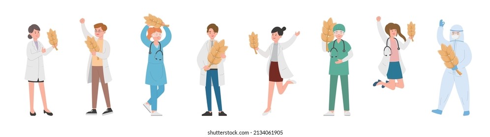 Nursing male or female doctor or scientist combination, medical specialist with wheat or rice, doctor team concept