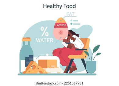 Nursing mother diet. Dieting and nutritions for breastfeeding. Idea of healthy organic menu with fresh ingredients for mom and baby. Flat vector illustration
