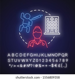 Nursing neon light concept icon. Doctor idea. Nurse, pediatrician. Hospital, vaccination. Child medical care, healthcare. Glowing sign with alphabet, numbers and symbols. Vector isolated illustration