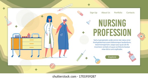 Nursing Profession Banner. Nurse Help Senior Woman In Hospital. Patient Care In Clinic Or Retirement Home. Nursing Training, Online Medical Class, Internet Course. Vector Illustration