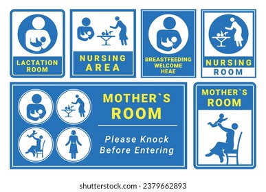 Nursing room labels blue minimalist sticker design template set vector flat illustration. Parents area for child care mother lactation breastfeeding diaper change public zone signboard isolated