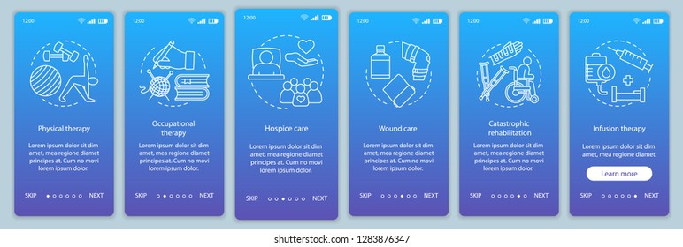 Nursing Service Onboarding Mobile App Page Screen Vector Template. Rehabilitation Center Walkthrough Website Steps. Therapy, Wound Care, Hospice. UX, UI, GUI Smartphone Interface Concept