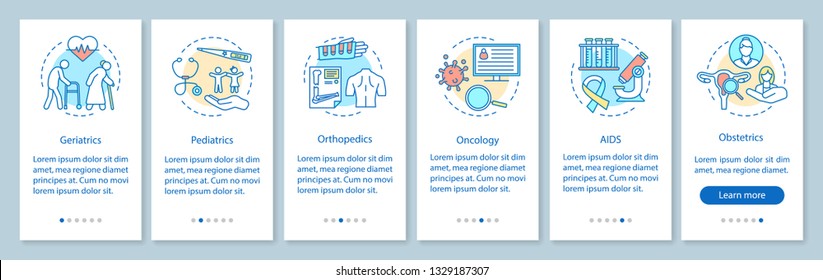 Nursing service onboarding mobile app page screen, linear concepts. Medicine and healthcare. Walkthrough steps graphic instructions. Geriatrics, pediatrics. UX, UI, GUI vector template, illustrations