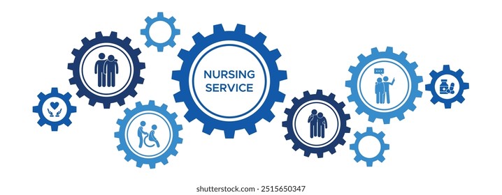 Nursing Services Banner Vector Concept Featuring Icons for Care, Affection, Support, Medical Advice, and Assistance