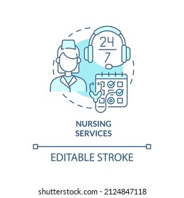 Nursing services turquoise concept icon. Professional patient care. Hospice services abstract idea thin line illustration. Isolated outline drawing. Editable stroke. Arial, Myriad Pro-Bold fonts used