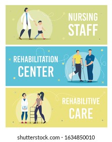 Nursing Staff, Rehabilitation Center, Rehabilitative Care in Hospital Trendy Flat Vector Horizontal Banners, Posters Templates Set. Doctors Watching for Injured, Disabled Patients Cure Illustration