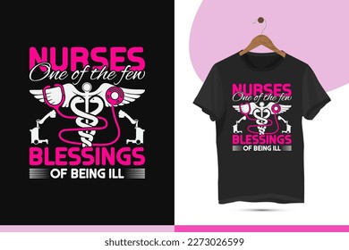 Nursing typography t-shirt design vector template. Simple design for the nurse with a caduceus, stethoscope, x-ray, and injection silhouette.