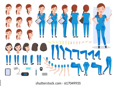 Nursing women  character creation set. Icons with different types of faces and hair style, emotions,  front, rear, side view of female person. Moving arms, legs.Sit, stand, walk  Vector illustration