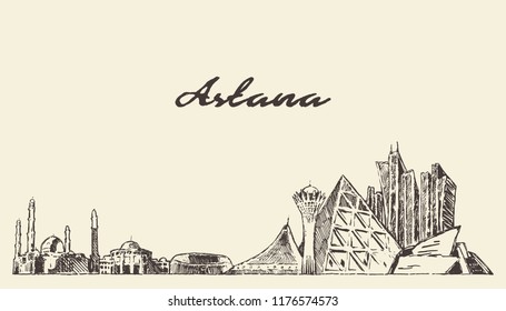 Nur-Sultan (Astana) skyline, Kazakhstan, hand drawn vector illustration, sketch