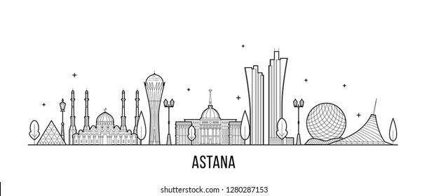 Nur-Sultan (Astana) skyline, Kazakhstan. This illustration represents the city with its most notable buildings. Vector is fully editable, every object is holistic and movable