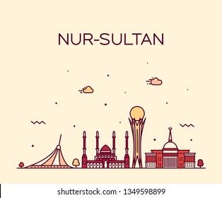 Nur-Sultan (Astana) skyline, Kazakhstan. Trendy vector illustration, linear style