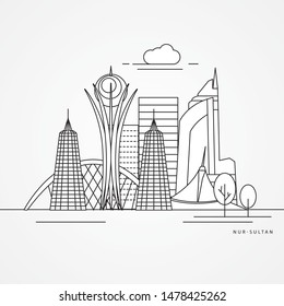 Nur-Sultan detailed silhouette. Trendy vector illustration, flat style. Stylish colorful landmarks. Bayterek tower the symbol of Astana, Kazakhstan