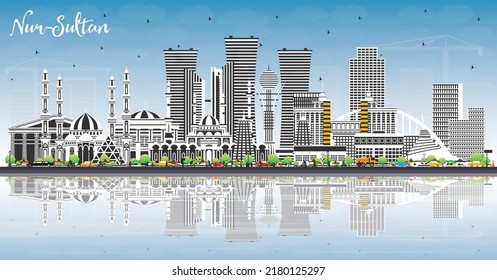 Nur-Sultan Kazakhstan City Skyline with Color Buildings, Blue Sky and Reflections. Vector Illustration. Nur-Sultan Cityscape with Landmarks. Travel and Tourism Concept with Modern Architecture.