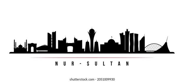 Nur-Sultan skyline horizontal banner. Black and white silhouette of Nur-Sultan, Kazakhstan. Vector template for your design. 