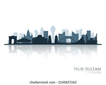 Silueta de línea de horizonte Nur-Sultan con reflexión. Paisaje Nur-Sultan, Kazajistán. Ilustración vectorial.