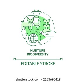 Nurture Biodiversity Green Concept Icon. Farm Growth. Shift To Regenerative Culture Abstract Idea Thin Line Illustration. Isolated Outline Drawing. Editable Stroke. Arial, Myriad Pro-Bold Fonts Used