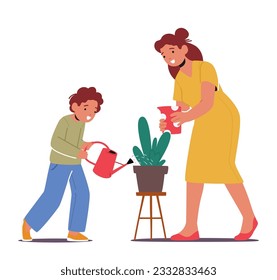 Nurturing Bond, Child And Mother Family Characters Sharing A Tender Moment While Watering A Houseplant, Symbolizing Love, Care, And The Growth Of Life. Cartoon People Vector Illustration