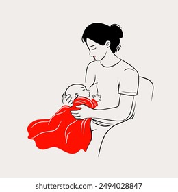 Nurturing Bond: Young Mother in White Shirt Breastfeeds Newborn Wrapped in Vibrant Red Blanket