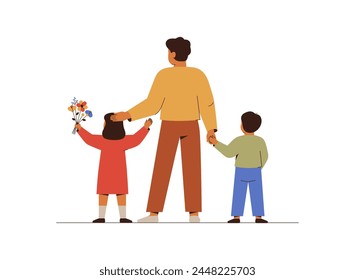 Nurturing dad and children stand together. Parental support and care about kids. Fatherhood concept for Father's Day celebration. Vector illustration