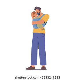 Nurturing Father Character Carrying His Baby In A Sling, Fostering A Close Bond And Allowing For Hands-free Parenting While Keeping The Little One Safe And Snug. Cartoon People Vector Illustration