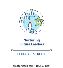 Icono del concepto de alimentar a futuros líderes. Educación para el crecimiento profesional. Formación para la ilustración de la línea delgada de la idea de los ejecutivos corporativos. Dibujo de color RGB con contorno aislado del vector. Trazo editable