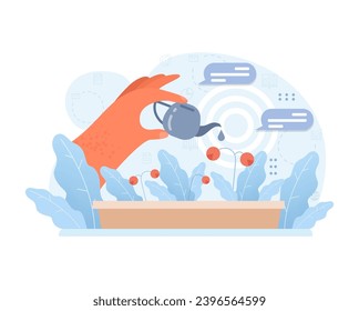 Nurturing Growth: A hand waters vibrant city plants, symbolizing urban farming's refreshing touch in concrete jungles. Flat vector illustration.