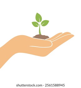 A nurturing hand holds a small plant vector, symbolizing growth and hope