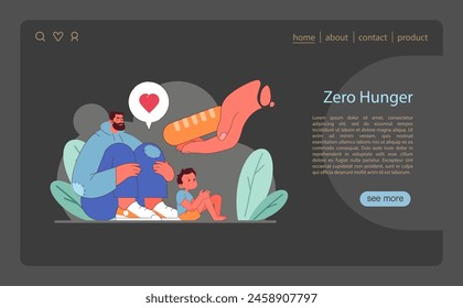 Nurturing a hunger-free world. A father and child depicted with symbols of love and sustenance. The hope of eradicating hunger by 2030. A united fight against poverty. Flat vector illustration.