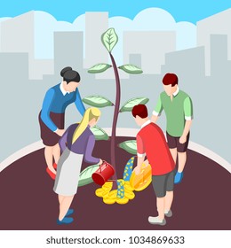 Nurturing idea for crowdfunding isometric background with persons watering tree and giving money vector illustration