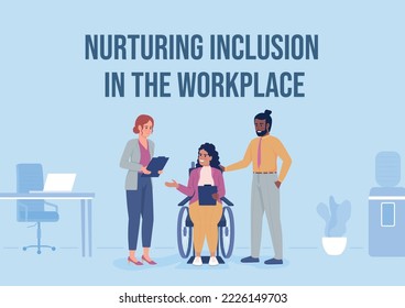 Nurturing inclusion in workplace flat vector banner template. Disability acceptation poster, leaflet printable color designs. Editable flyer page with text space. Ramabhadra Regular font used